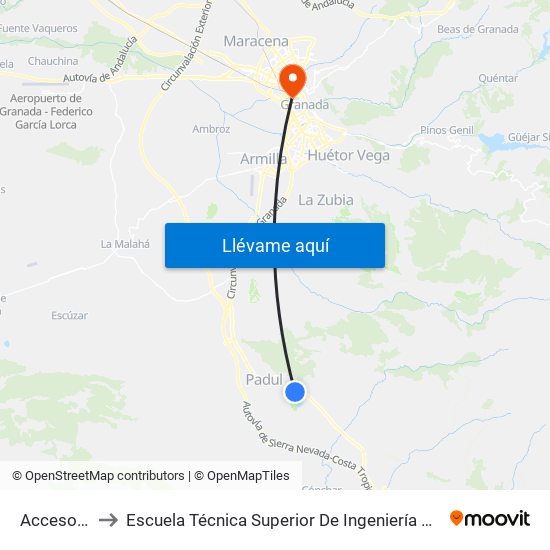 Acceso A Padul to Escuela Técnica Superior De Ingeniería De Caminos, Canales Y Puertos map