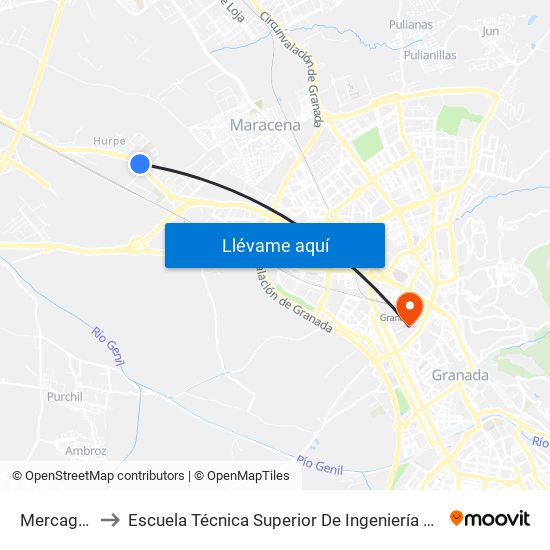 Mercagranada 1 to Escuela Técnica Superior De Ingeniería De Caminos, Canales Y Puertos map