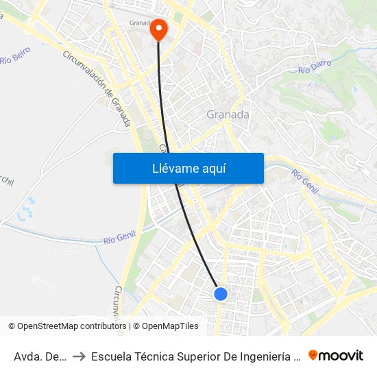 Avda. De Dílar 3 V to Escuela Técnica Superior De Ingeniería De Caminos, Canales Y Puertos map