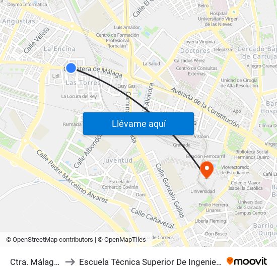 Ctra. Málaga - Las Torres to Escuela Técnica Superior De Ingeniería De Caminos, Canales Y Puertos map