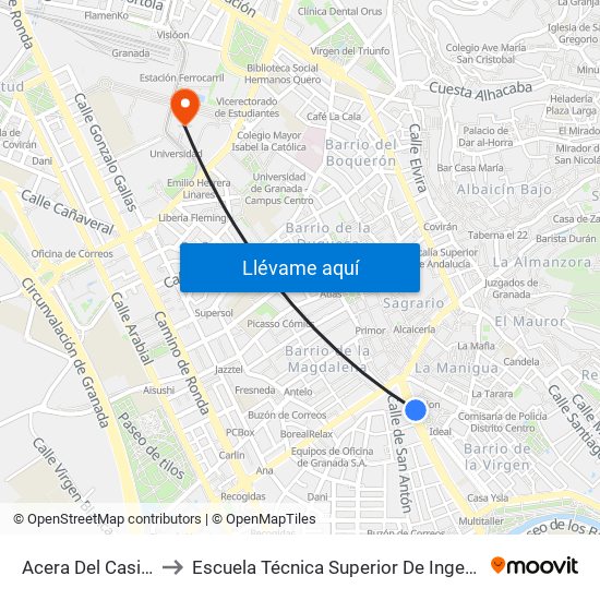 Acera Del Casino 5 - Puerta Real to Escuela Técnica Superior De Ingeniería De Caminos, Canales Y Puertos map