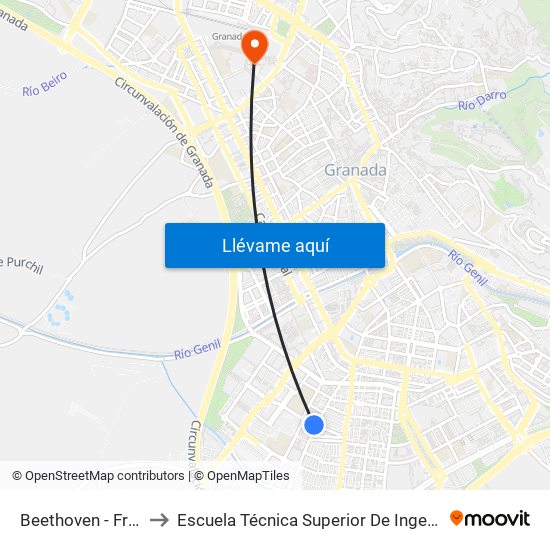 Beethoven - Frente Ies Alhambra to Escuela Técnica Superior De Ingeniería De Caminos, Canales Y Puertos map