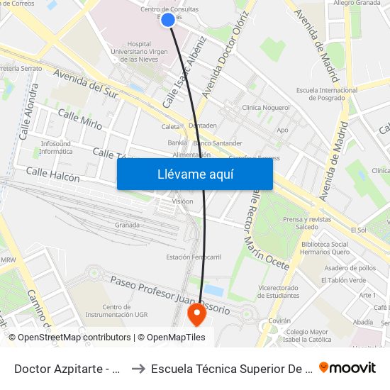 Doctor Azpitarte - Hospital Virgen De Las Nieves to Escuela Técnica Superior De Ingeniería De Caminos, Canales Y Puertos map
