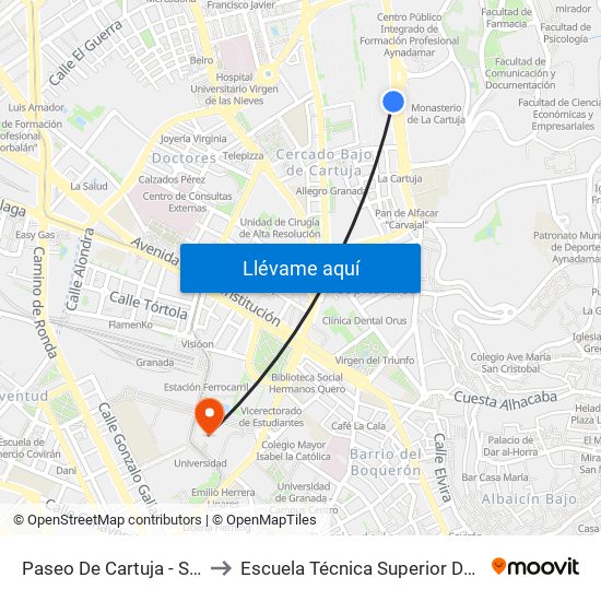 Paseo De Cartuja - Seminario Diocesano De Granada to Escuela Técnica Superior De Ingeniería De Caminos, Canales Y Puertos map