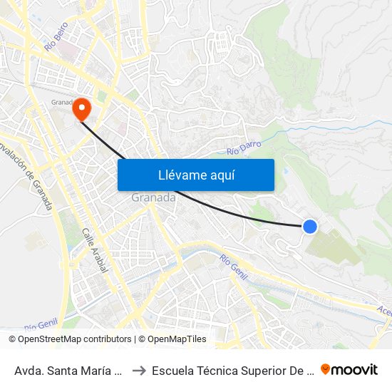 Avda. Santa María Alhambra - Parking Generalife to Escuela Técnica Superior De Ingeniería De Caminos, Canales Y Puertos map