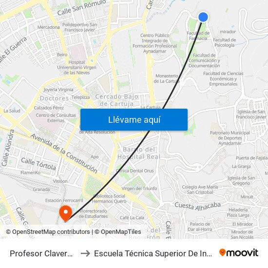 Profesor Clavera - Facultad Farmacia 1 to Escuela Técnica Superior De Ingeniería De Caminos, Canales Y Puertos map