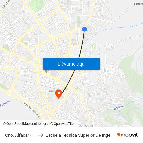 Cno. Alfacar - Ronda Panaderos to Escuela Técnica Superior De Ingeniería De Caminos, Canales Y Puertos map