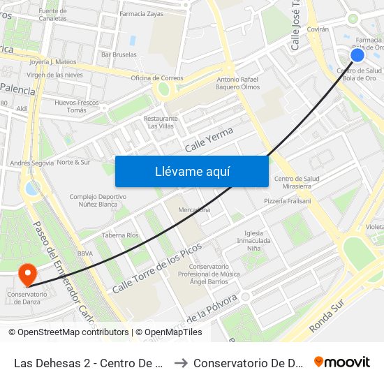 Las Dehesas 2 - Centro De Salud to Conservatorio De Danza map