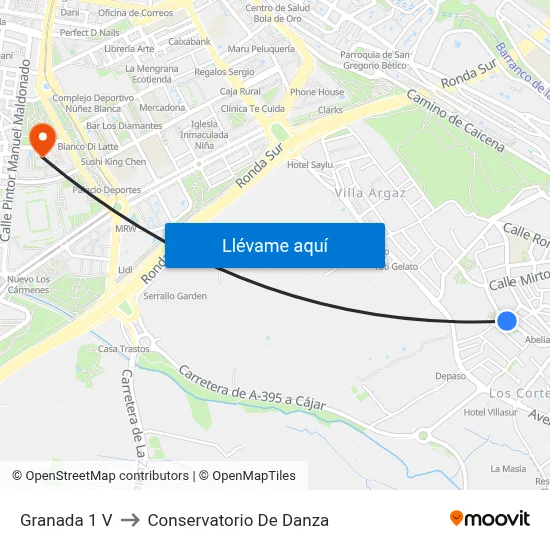 Granada 1 V to Conservatorio De Danza map