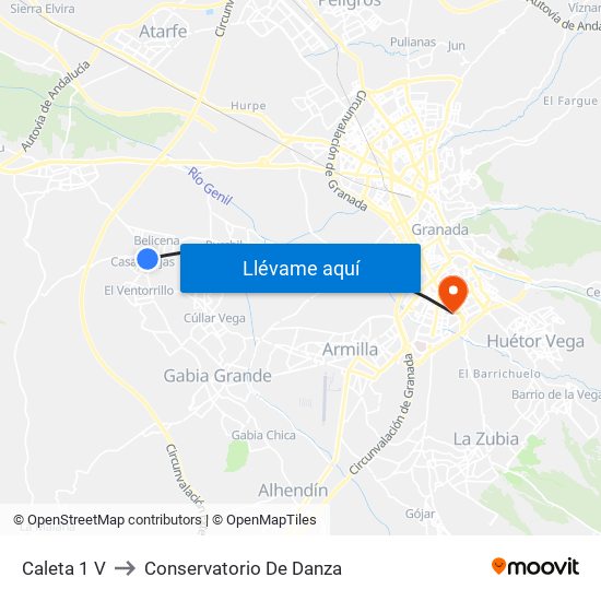 Caleta 1 V to Conservatorio De Danza map