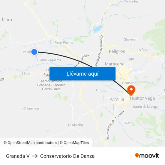 Granada V to Conservatorio De Danza map
