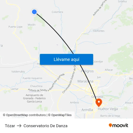 Tózar to Conservatorio De Danza map