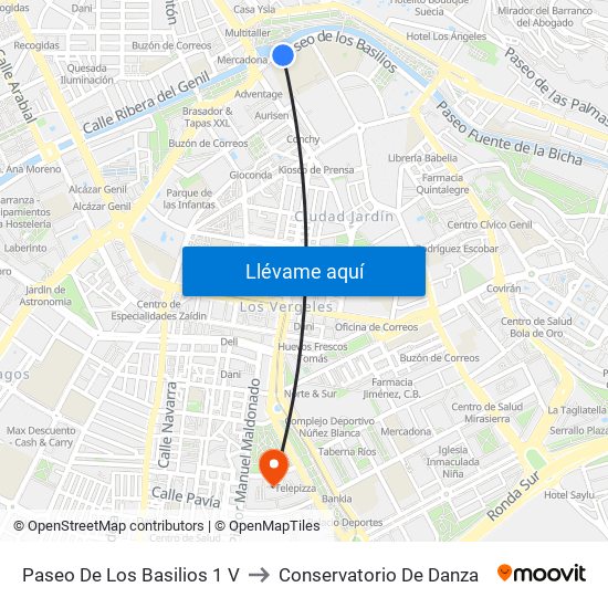 Paseo De Los Basilios 1 V to Conservatorio De Danza map