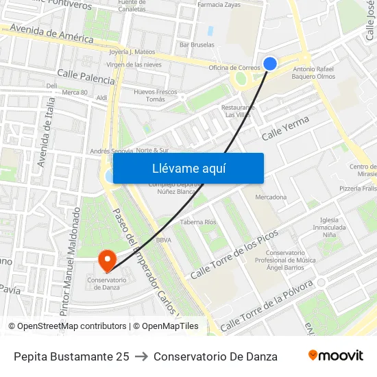 Pepita Bustamante 25 to Conservatorio De Danza map
