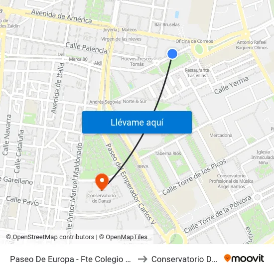 Paseo De Europa - Fte Colegio García Lorca to Conservatorio De Danza map
