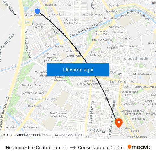 Neptuno - Fte Centro Comercial to Conservatorio De Danza map