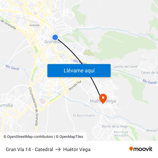 Gran Vía 14 - Catedral to Huétor Vega map