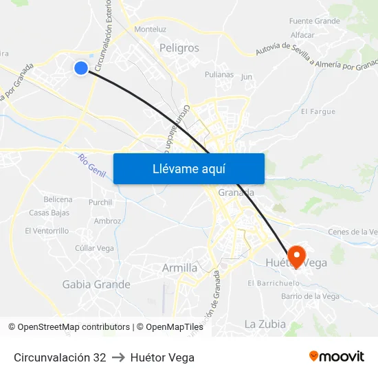 Circunvalación 32 to Huétor Vega map