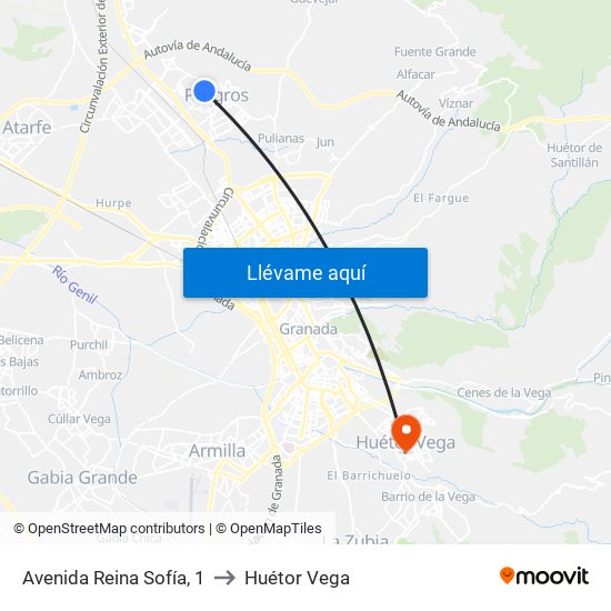 Avenida Reina Sofía, 1 to Huétor Vega map