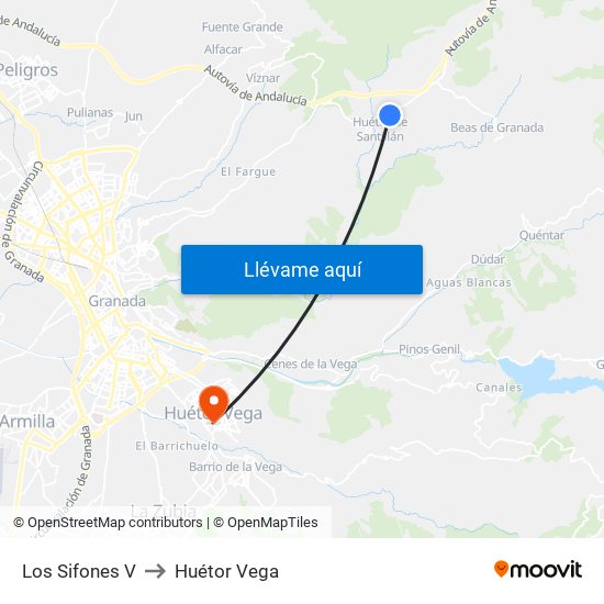 Los Sifones V to Huétor Vega map