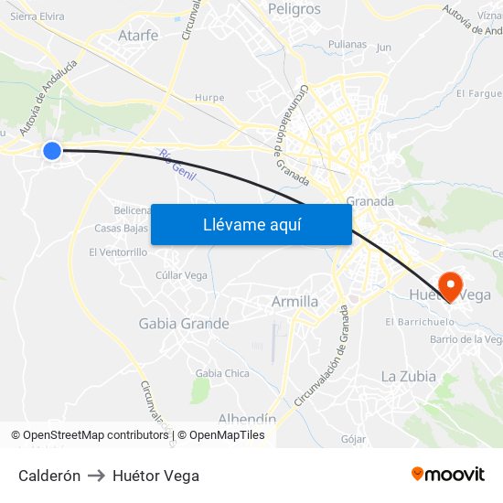 Calderón to Huétor Vega map