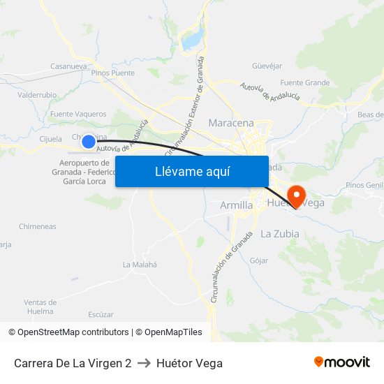 Carrera De La Virgen 2 to Huétor Vega map