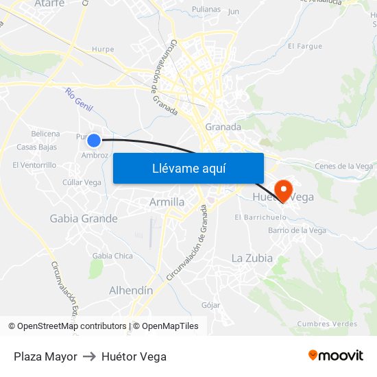 Plaza Mayor to Huétor Vega map