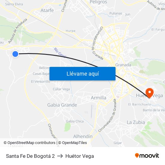 Santa Fe De Bogotá 2 to Huétor Vega map