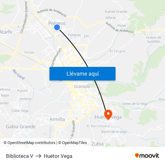 Biblioteca V to Huétor Vega map