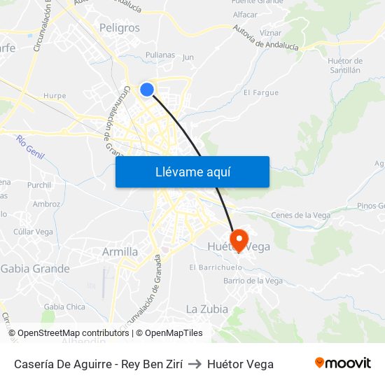 Casería De Aguirre - Rey Ben Zirí to Huétor Vega map