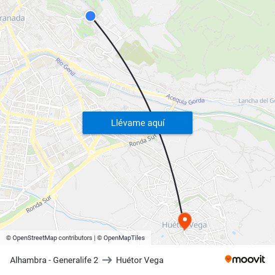 Alhambra - Generalife 2 to Huétor Vega map