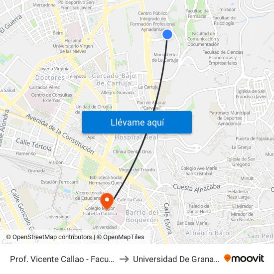 Prof. Vicente Callao - Facultad Ciencias Educación to Universidad De Granada - Campus Centro map