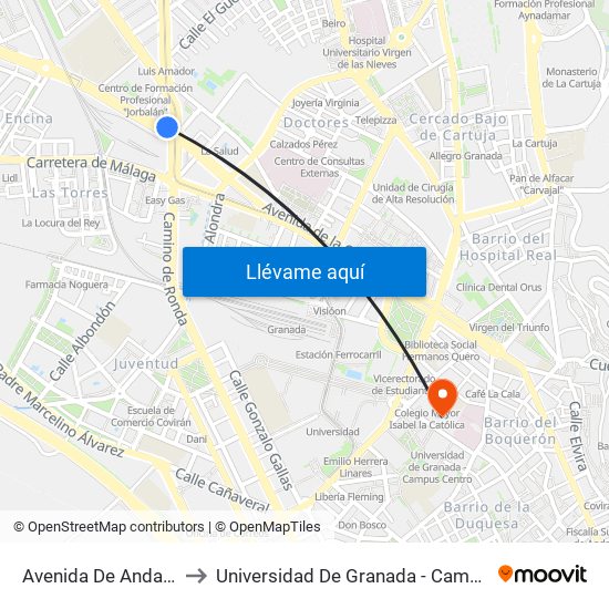 Avenida De Andalucía 1 to Universidad De Granada - Campus Centro map