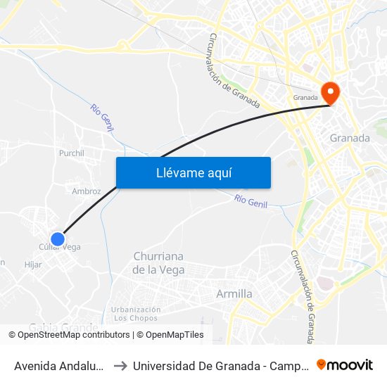 Avenida Andalucía, 64 to Universidad De Granada - Campus Centro map