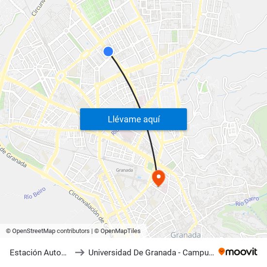 Estación Autobuses to Universidad De Granada - Campus Centro map