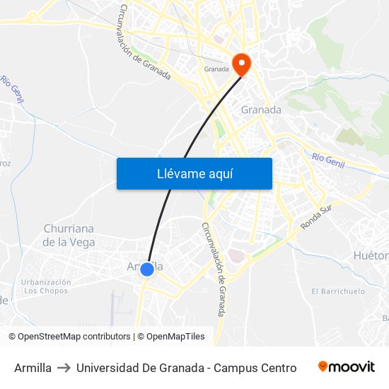 Armilla to Universidad De Granada - Campus Centro map