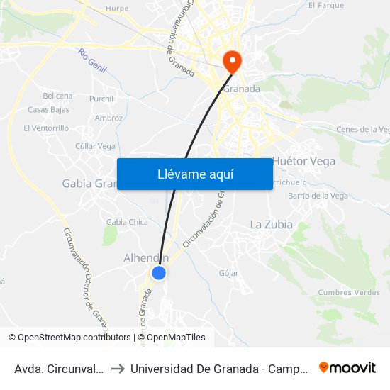 Avda. Circunvalación to Universidad De Granada - Campus Centro map