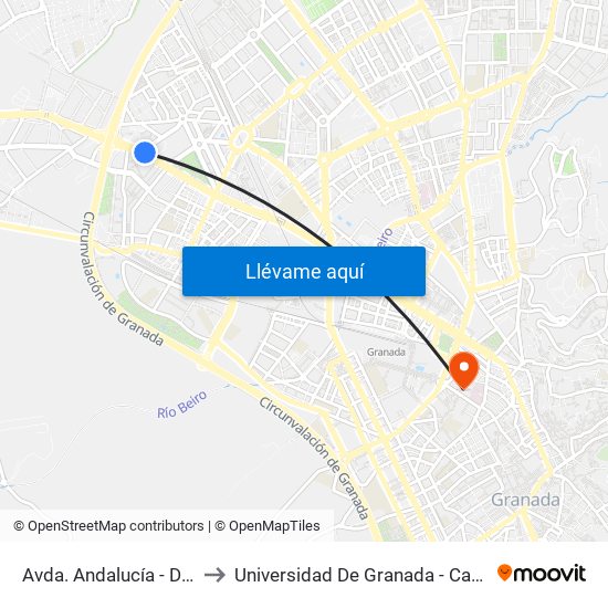 Avda. Andalucía - Diputación to Universidad De Granada - Campus Centro map
