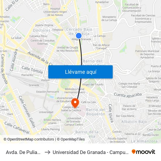 Avda. De Pulianas 1 to Universidad De Granada - Campus Centro map