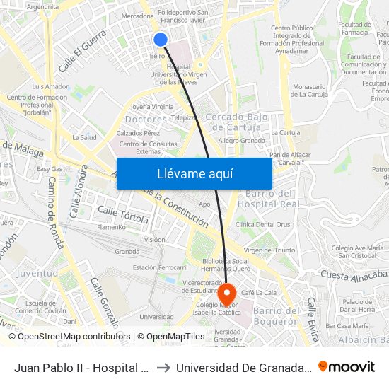 Juan Pablo II - Hospital De Traumatología to Universidad De Granada - Campus Centro map