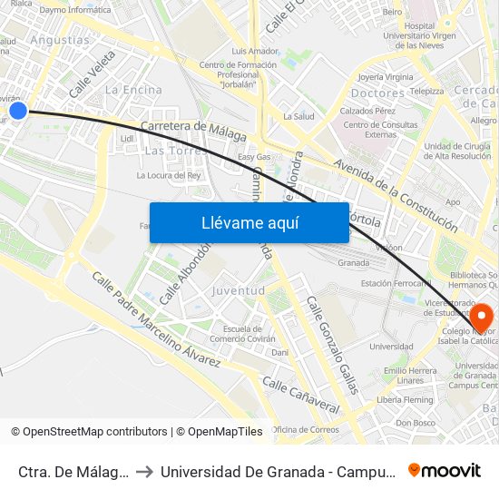 Ctra. De Málaga 88 to Universidad De Granada - Campus Centro map
