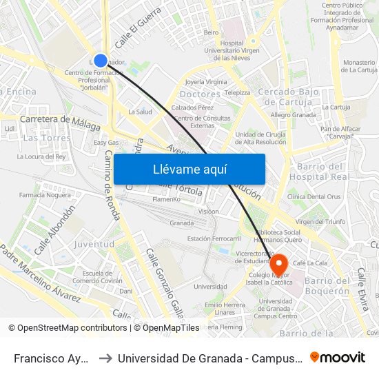 Francisco Ayala 2 to Universidad De Granada - Campus Centro map