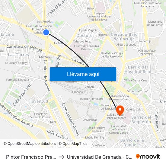 Pintor Francisco Pradilla - Fte 6 to Universidad De Granada - Campus Centro map