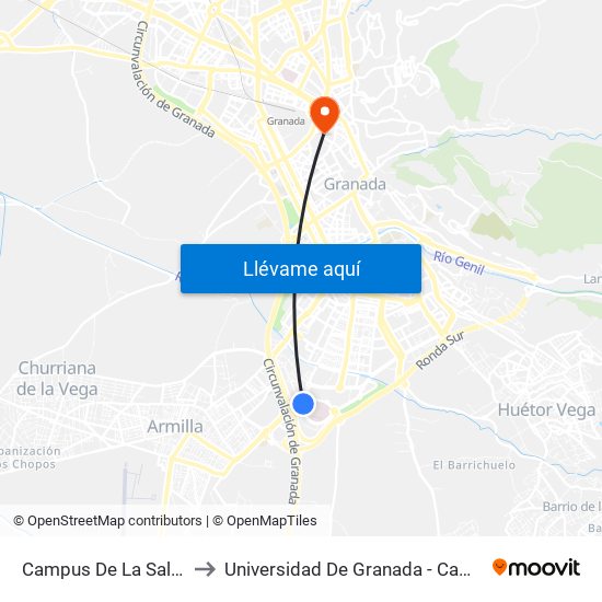 Campus De La Salud (Pts) to Universidad De Granada - Campus Centro map