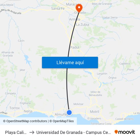Playa Calida to Universidad De Granada - Campus Centro map