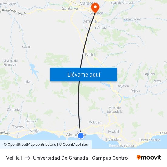 Velilla I to Universidad De Granada - Campus Centro map