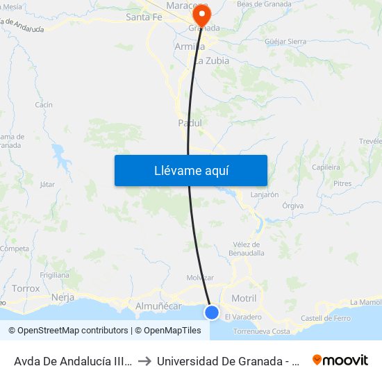Avda De Andalucía III - Caracolas to Universidad De Granada - Campus Centro map