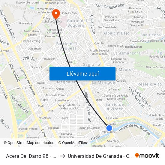Acera Del Darro 98 - Humilladero to Universidad De Granada - Campus Centro map