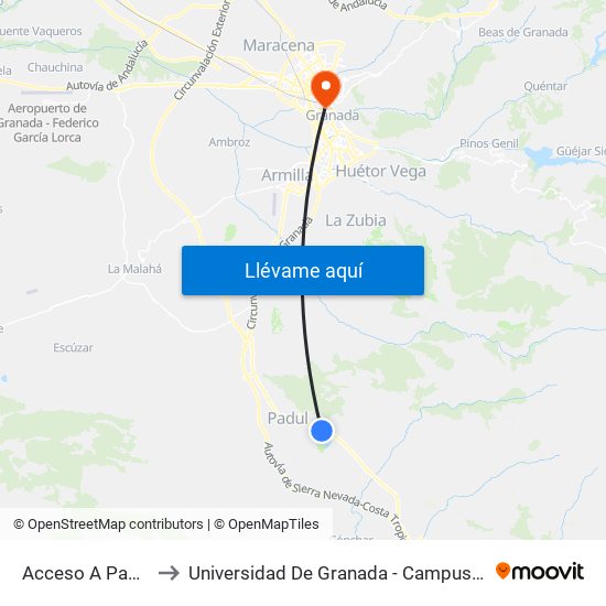 Acceso A Padul V to Universidad De Granada - Campus Centro map