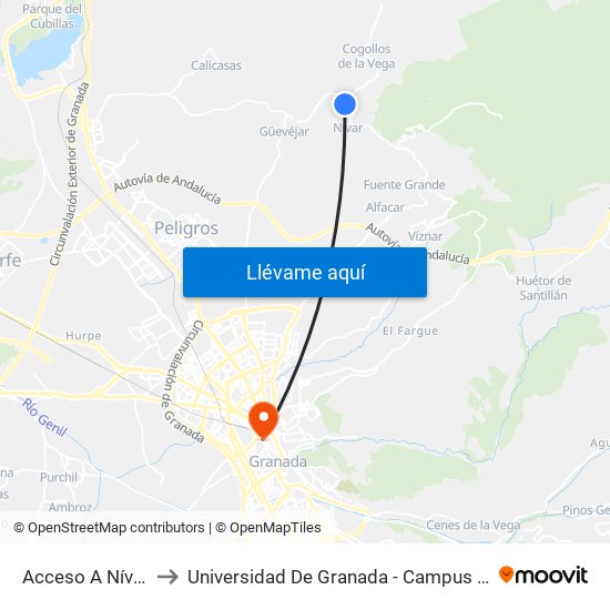 Acceso A Nívar V to Universidad De Granada - Campus Centro map